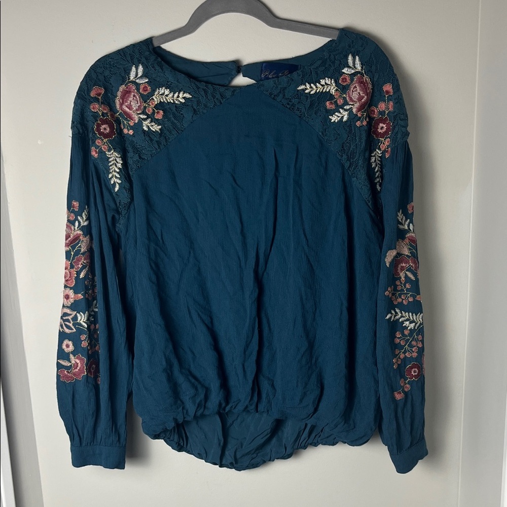 Blue Rain Deep Teal Blouse with Floral Embroidery